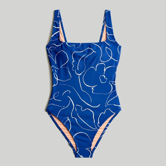 NWT Madewell Square-Neck Tank One-Piece Swimsuit - Medium Blue and White - Picture 5 of 9